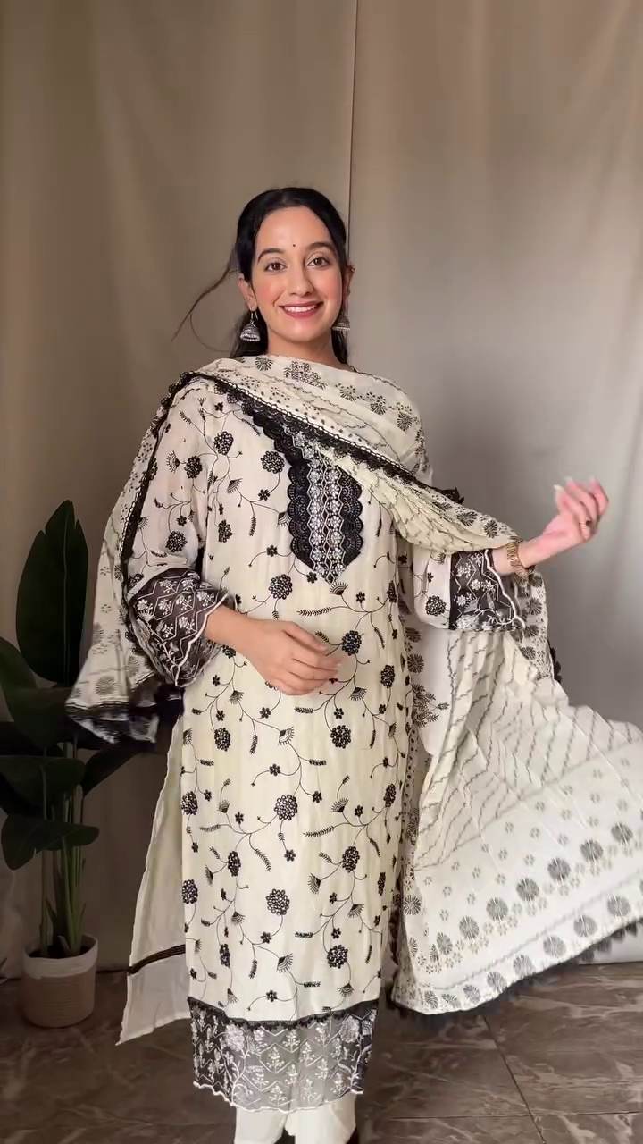Ivory Floral Printed Kurta Set with Contrast Lace Detailing & Dupatta