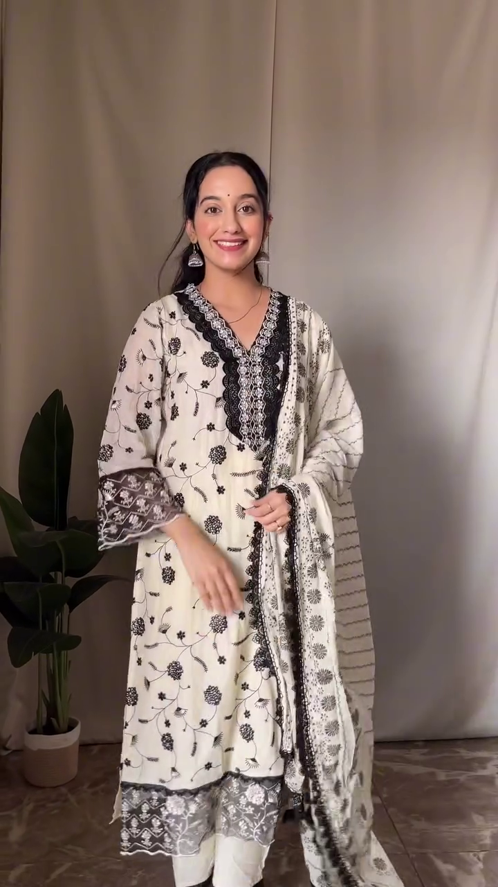 Ivory Floral Printed Kurta Set with Contrast Lace Detailing & Dupatta