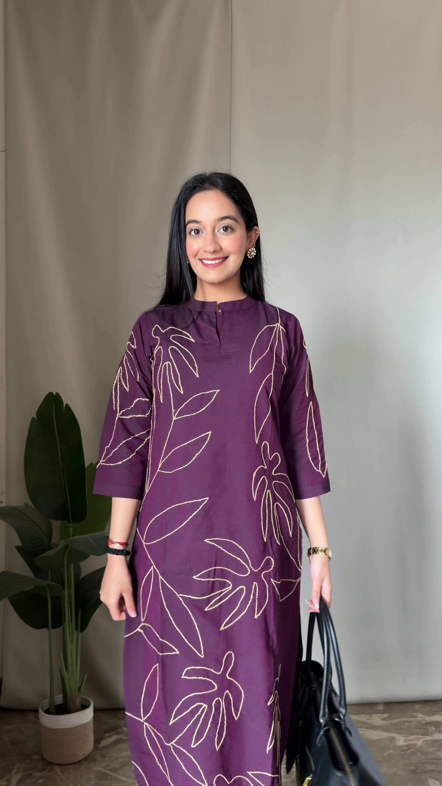 Elegant Plum Leaf Print Kurta