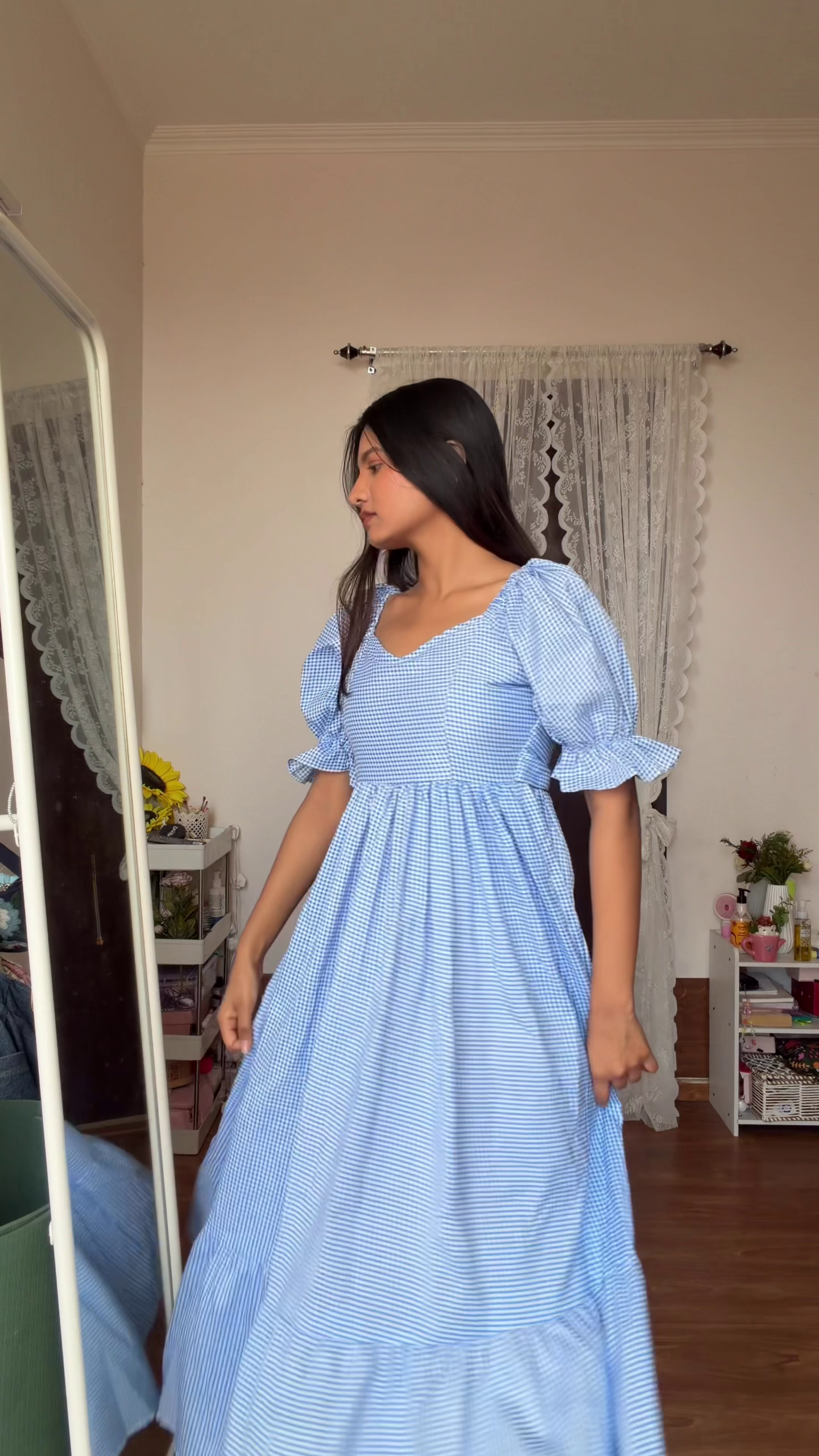 Sky Blue Gingham Puff Sleeve Maxi Dress