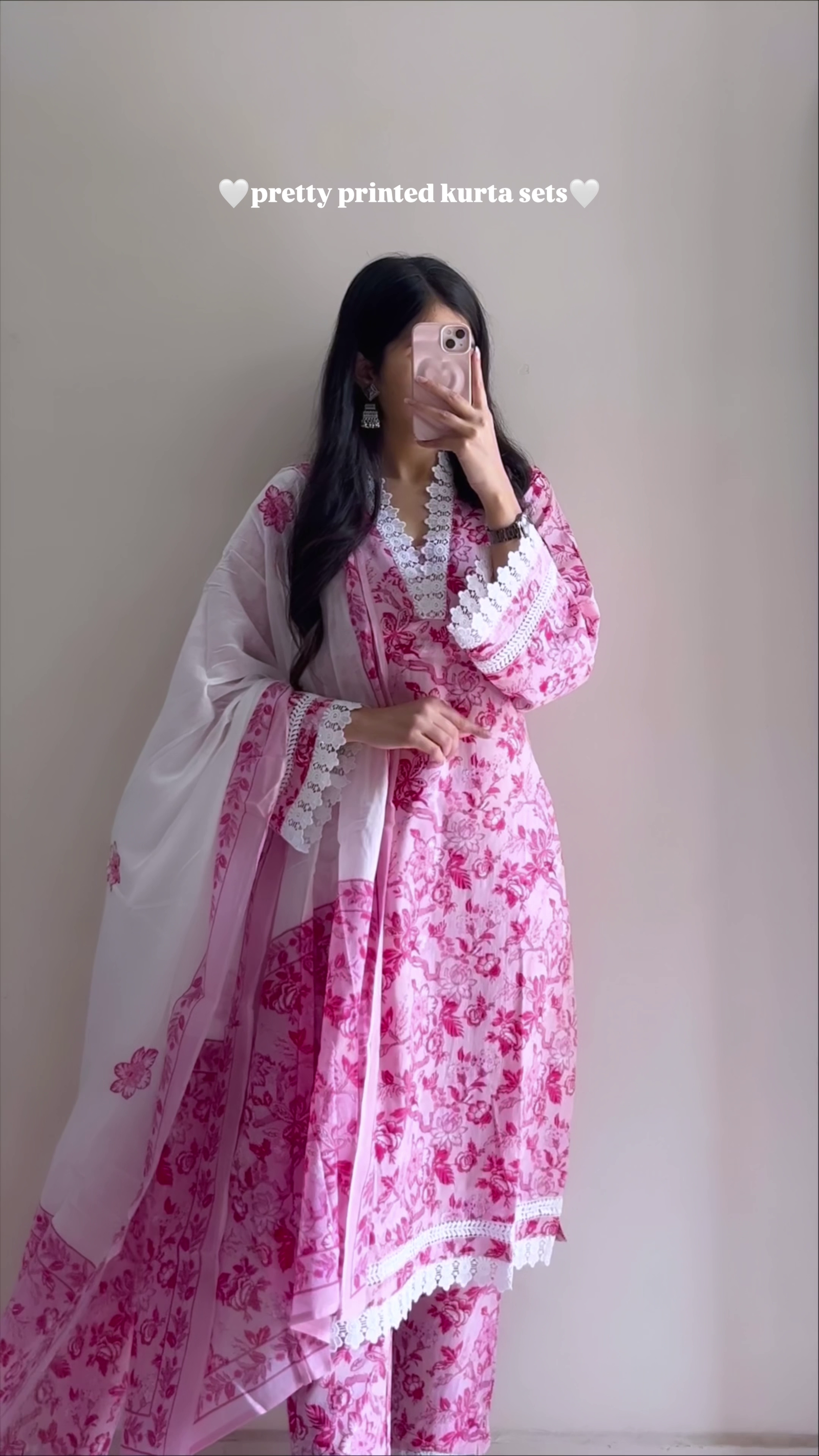 Blush Pink Floral Printed Kurta Set with Organza Dupatta