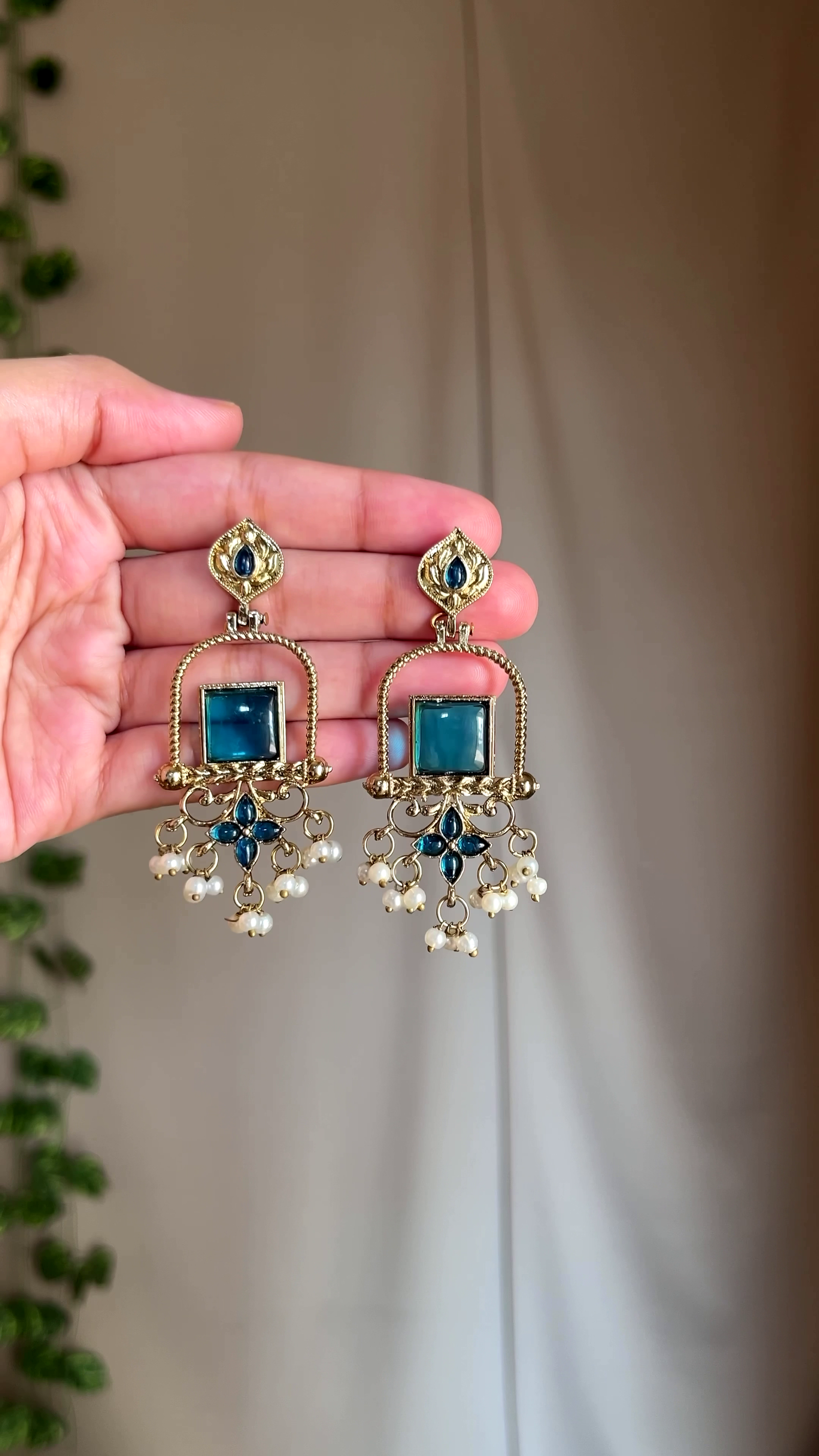 Royal Teal Stone & Pearl Drop Statement Earrings