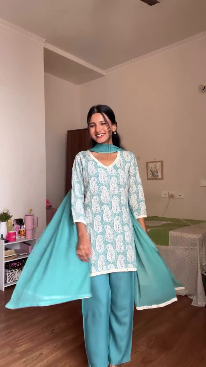 Sea Green Printed Kurta Set with Matching Dupatta