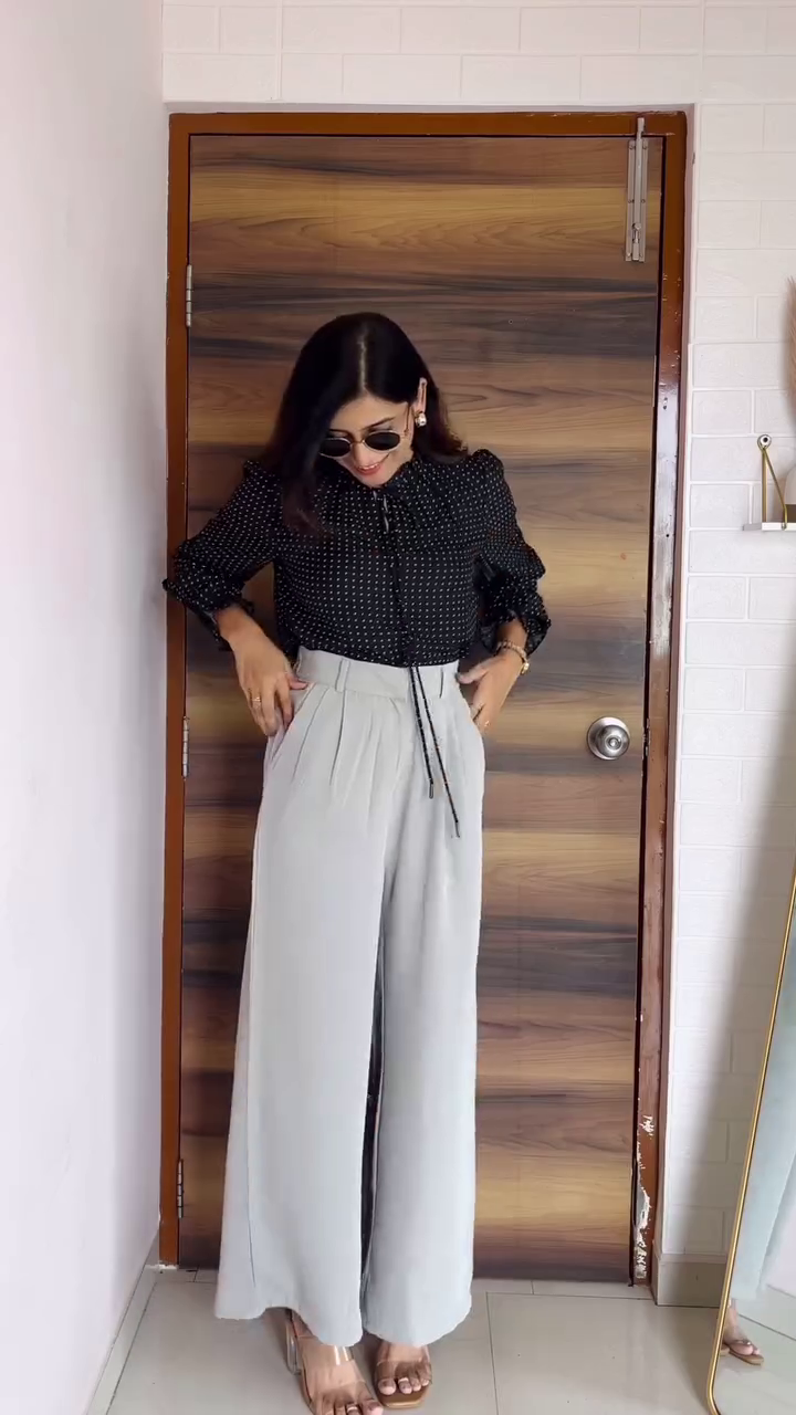 Chic Polka Dot Tie-Neck Blouse & High-Waist Wide-Leg Trousers Set