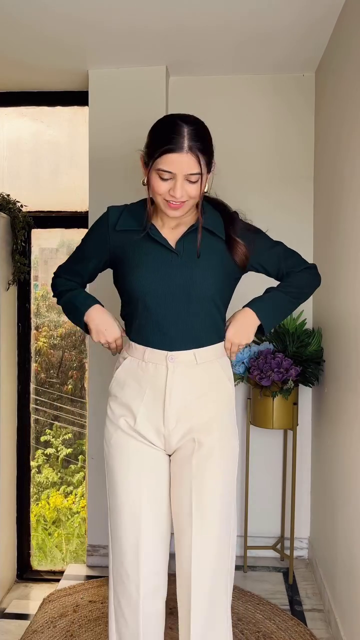 Elegant Forest Green Collared Knit Top