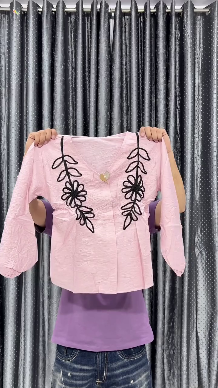 Crop Top with Black Floral Thread Embroidery