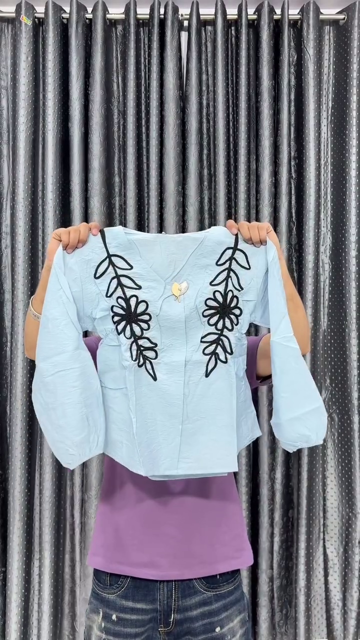 Crop Top with Black Floral Thread Embroidery