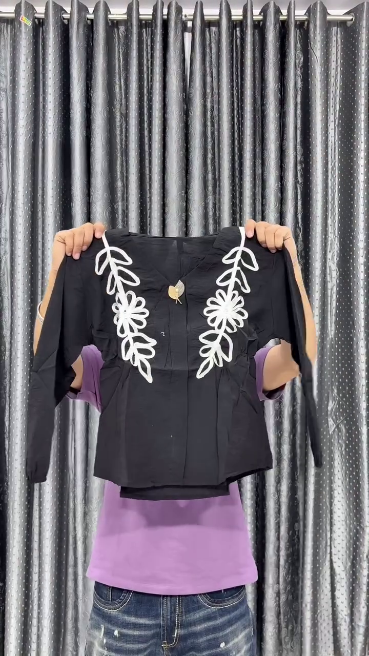 Crop Top with Black Floral Thread Embroidery