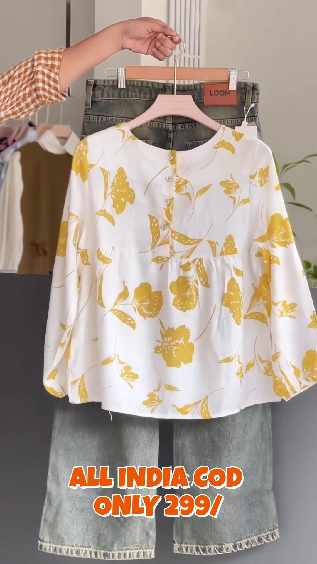 Yellow Floral Peplum Top with Denim Pants Co-Ord Set