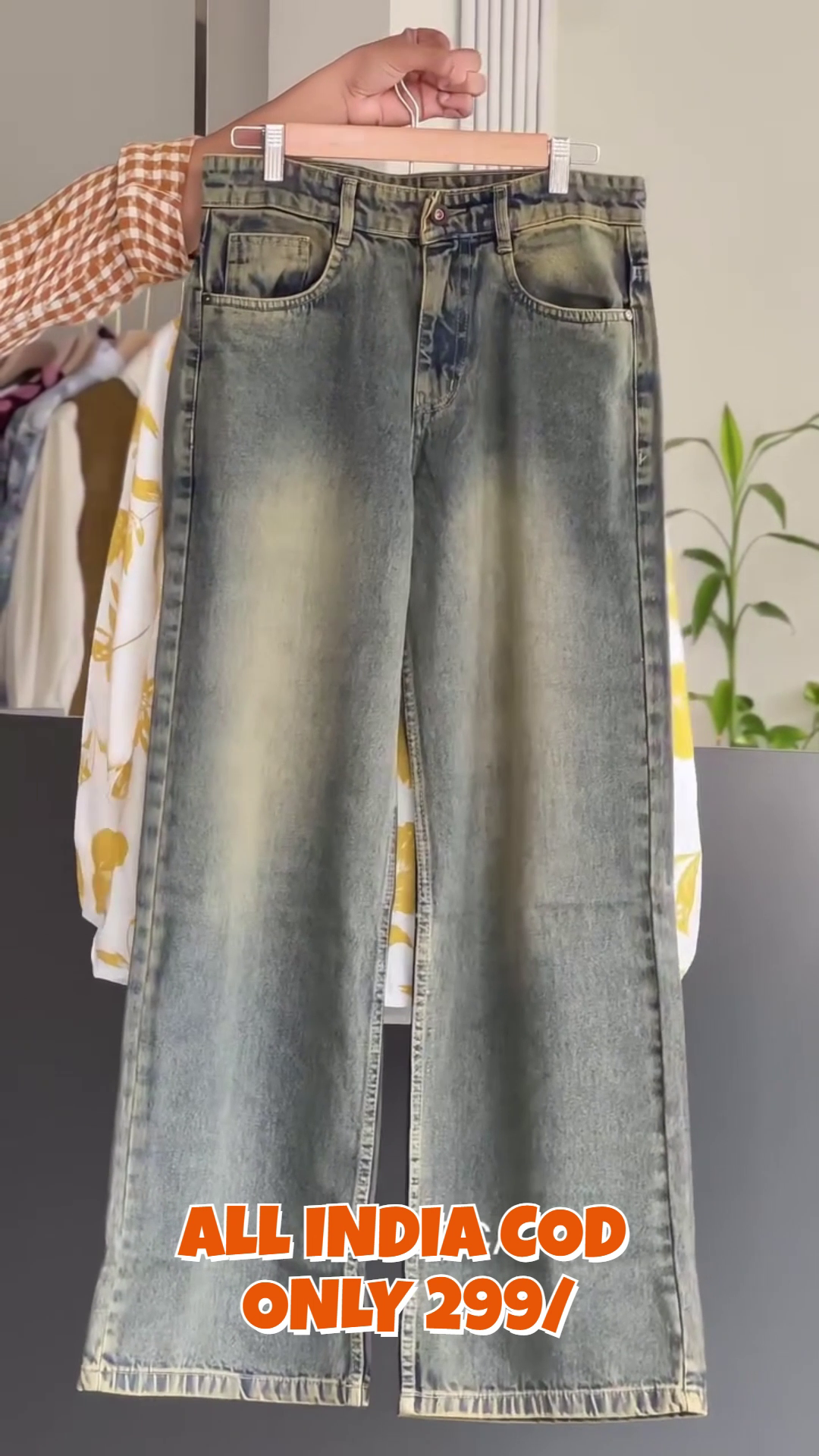 Yellow Floral Peplum Top with Denim Pants Co-Ord Set