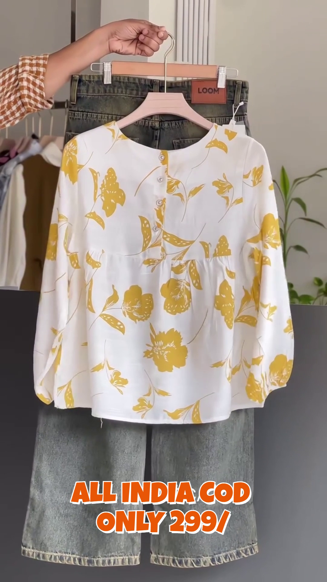 Yellow Floral Peplum Top with Denim Pants Co-Ord Set