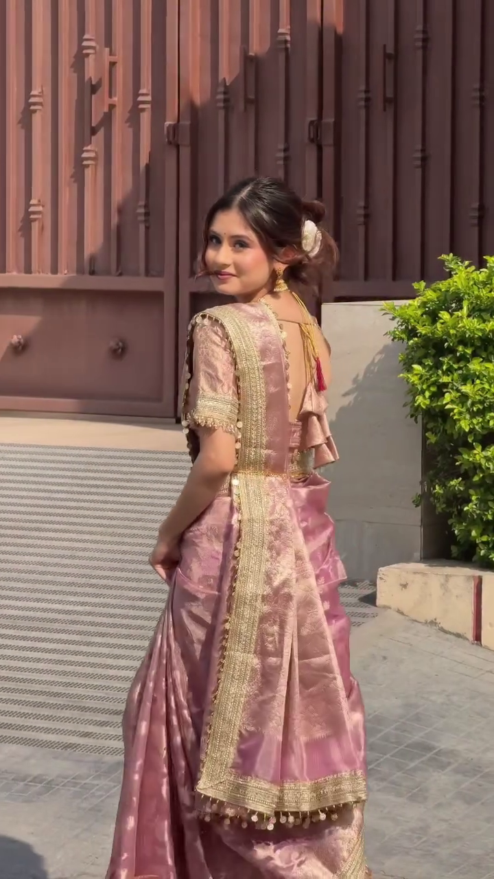 Elegant Rose Gold Silk Saree with Designer Blouse