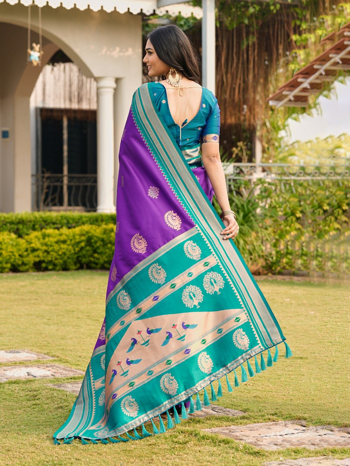 Royal Purple & Teal Silk Saree with Traditional Designer Border