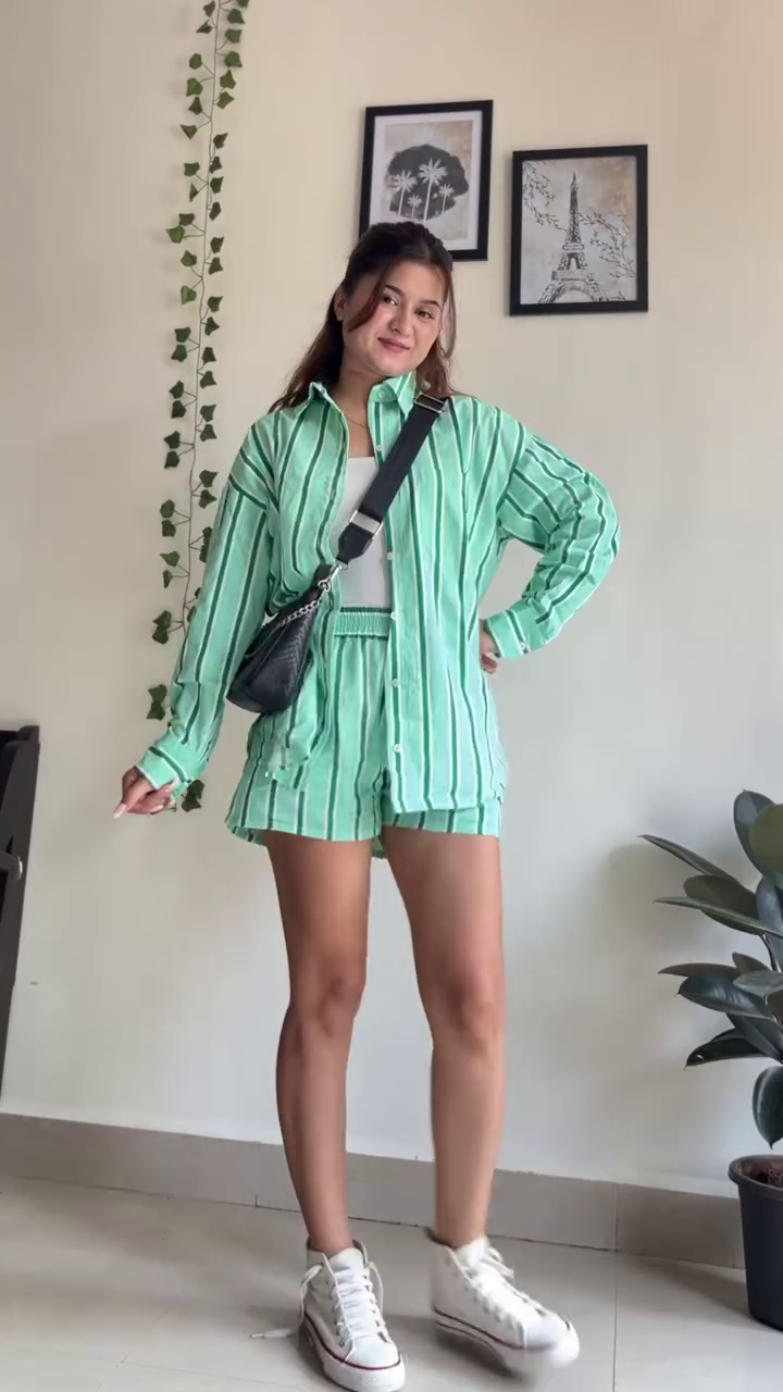 Fresh Mint Green Striped Shirt & Shorts Co-Ord Set