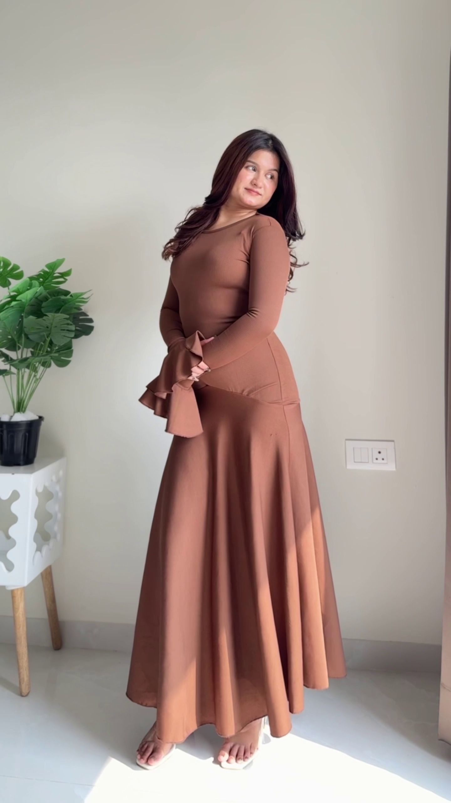 Chic Chocolate Brown Sheer Sleeve Maxi Dress