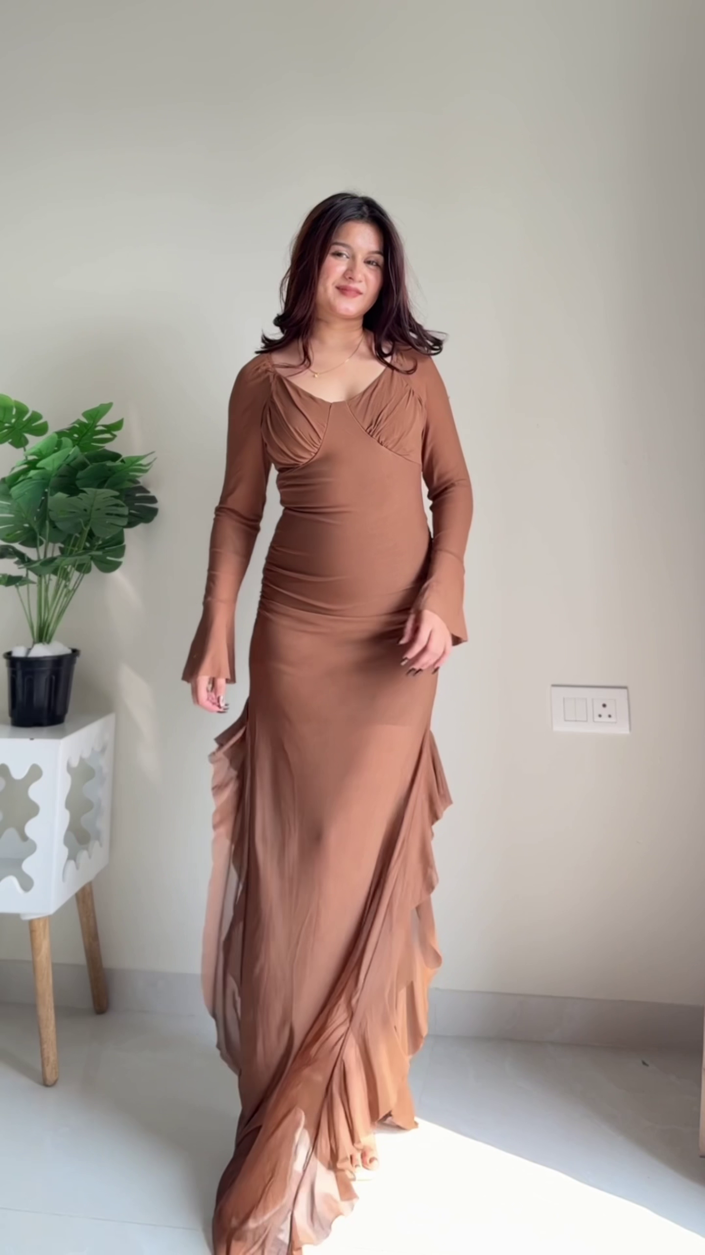 Chic Chocolate Brown Sheer Sleeve Maxi Dress