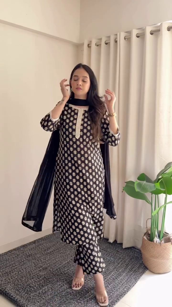 Classic Black Ethnic Printed Kurta Set with Dupatta