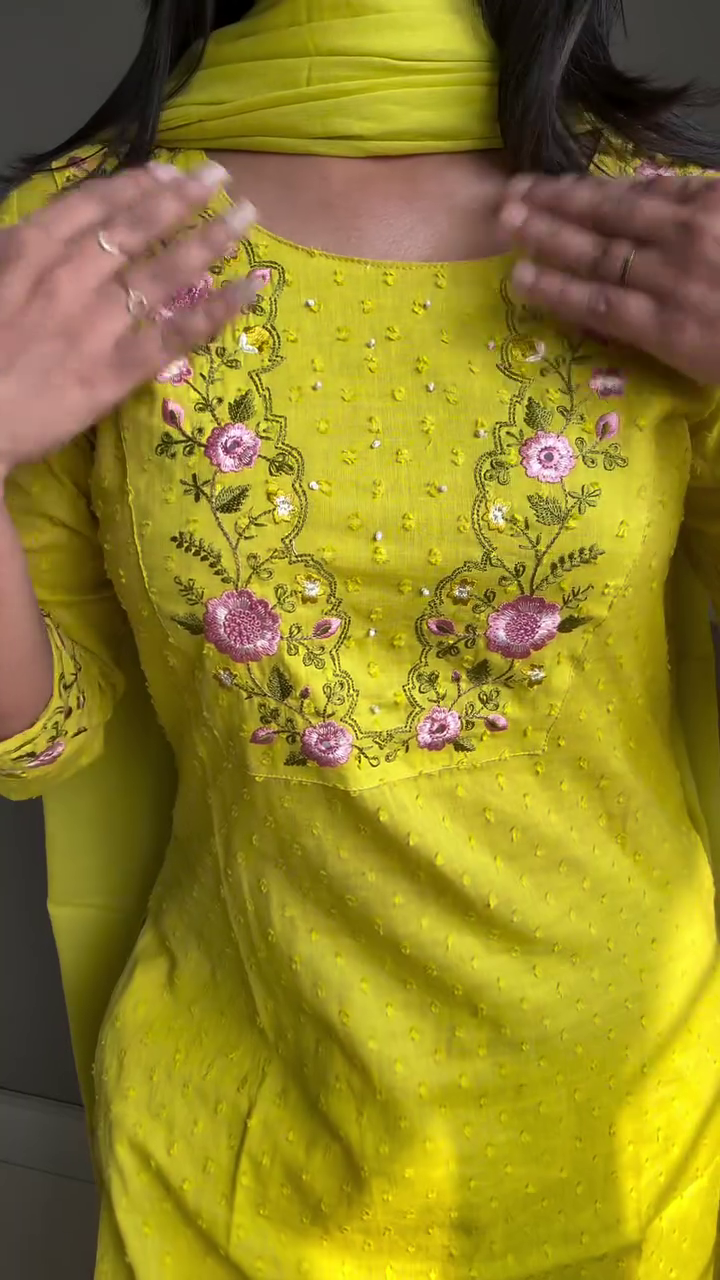 Lime Green Floral Embroidered Kurta Set for Women