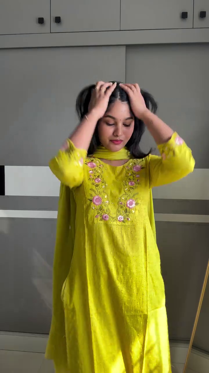 Lime Green Floral Embroidered Kurta Set for Women