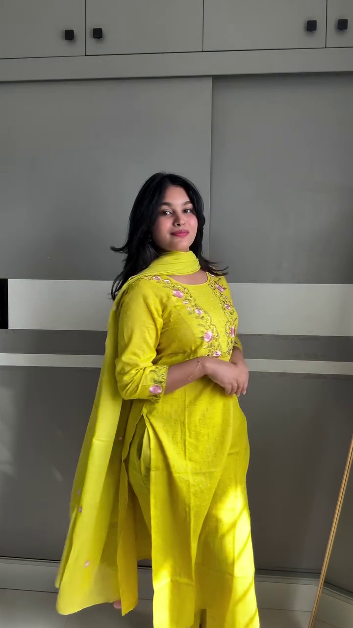 Lime Green Floral Embroidered Kurta Set for Women
