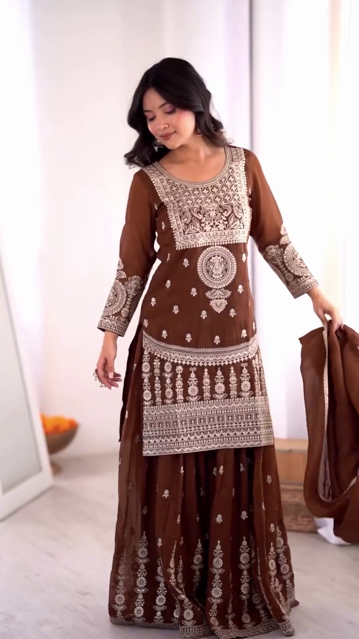 Brown Embroidered Kurta Palazzo Set