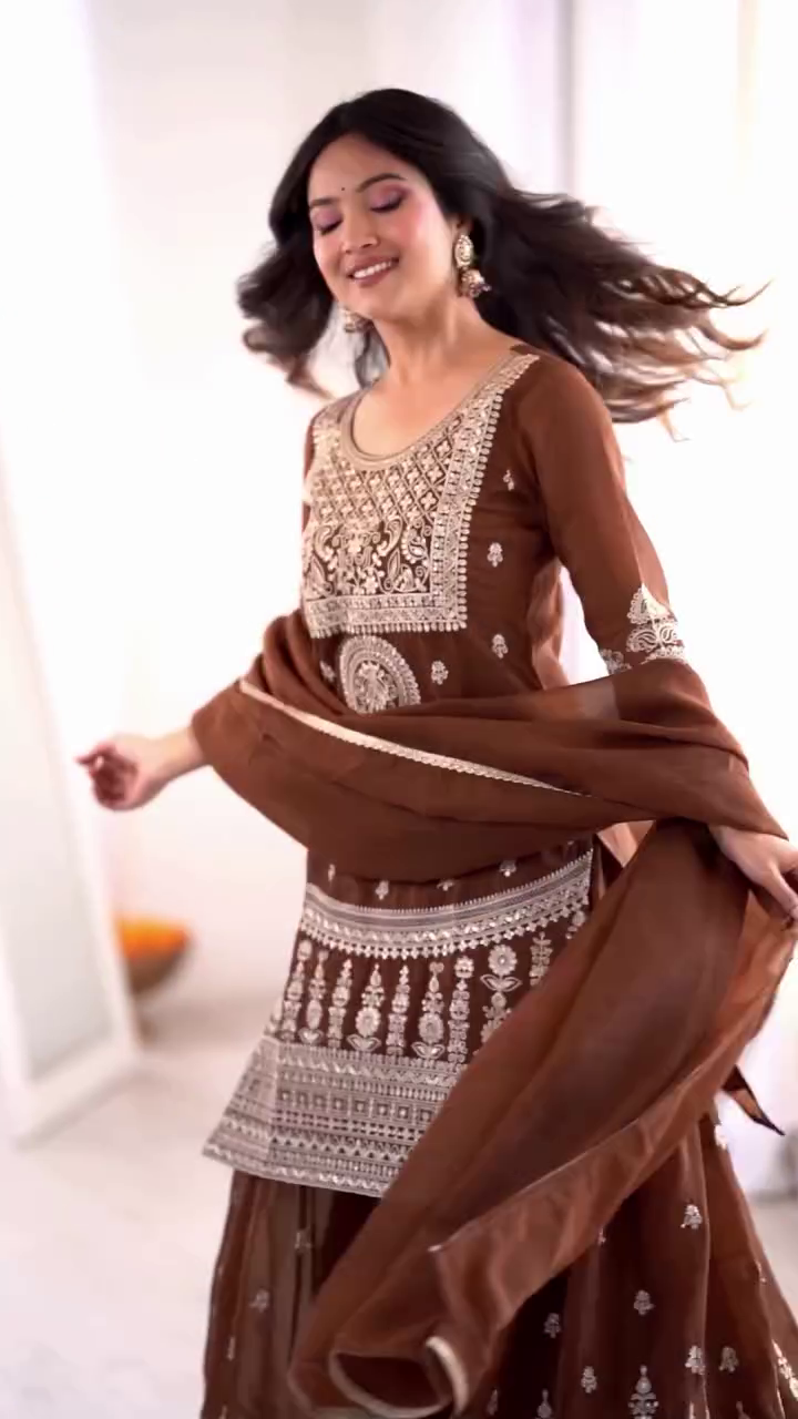 Brown Embroidered Kurta Palazzo Set