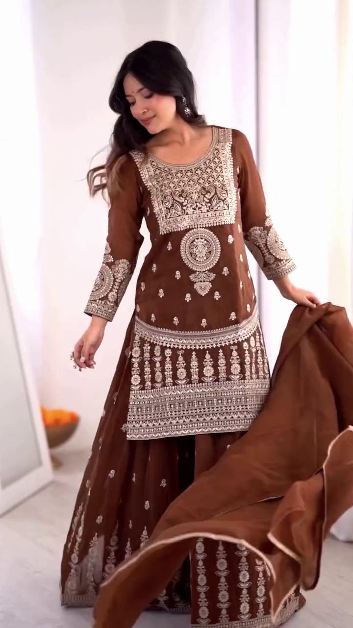 Brown Embroidered Kurta Palazzo Set