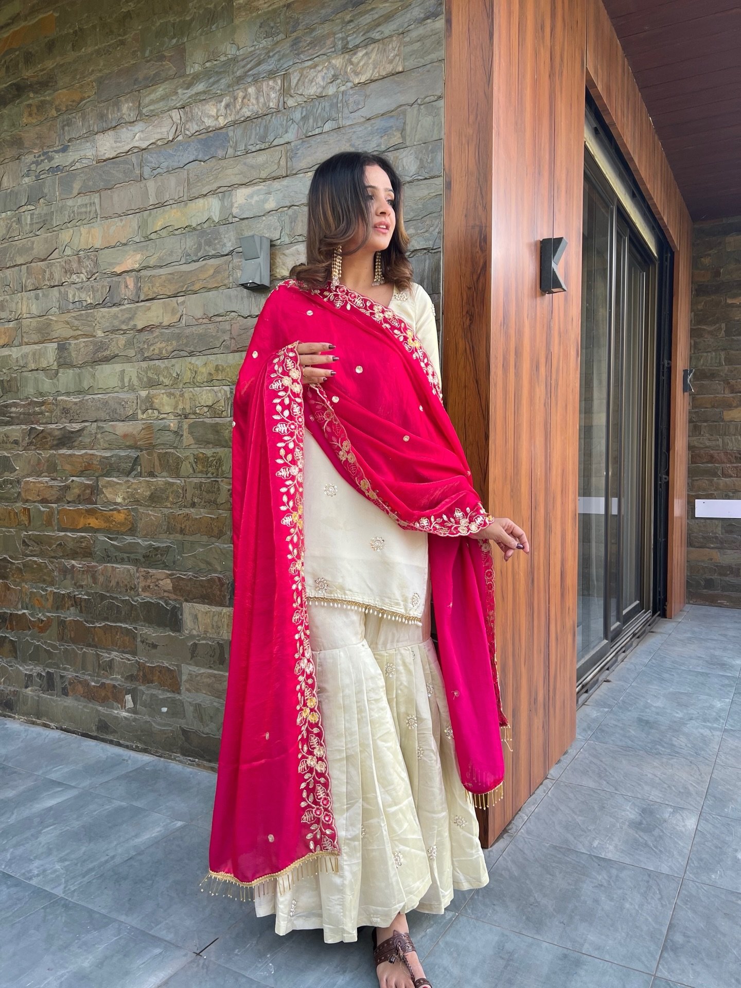 Ivory Sharara Set with Pink Embroidered Dupatta