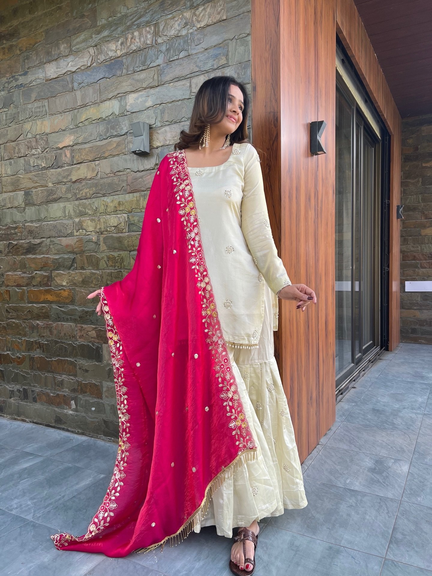 Ivory Sharara Set with Pink Embroidered Dupatta