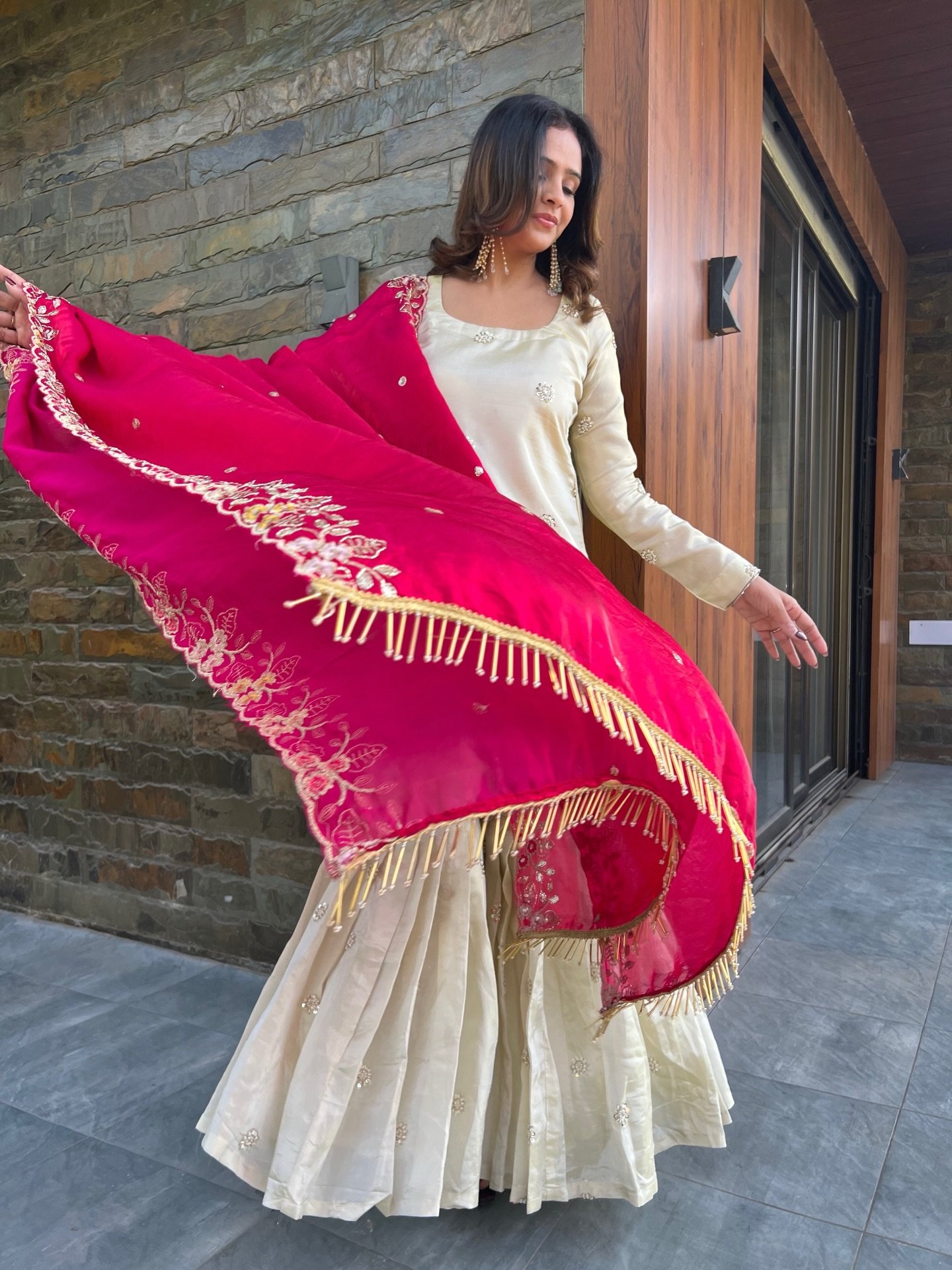 Ivory Sharara Set with Pink Embroidered Dupatta