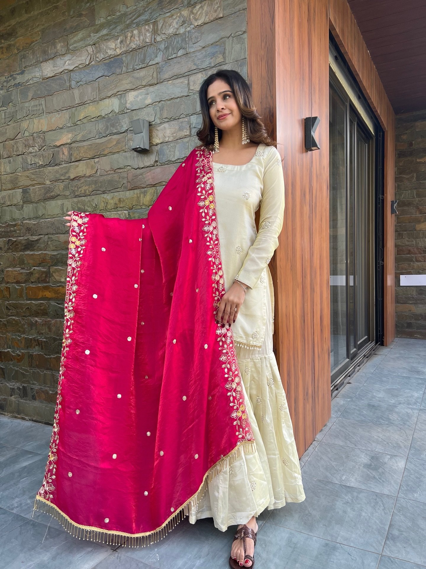 Ivory Sharara Set with Pink Embroidered Dupatta