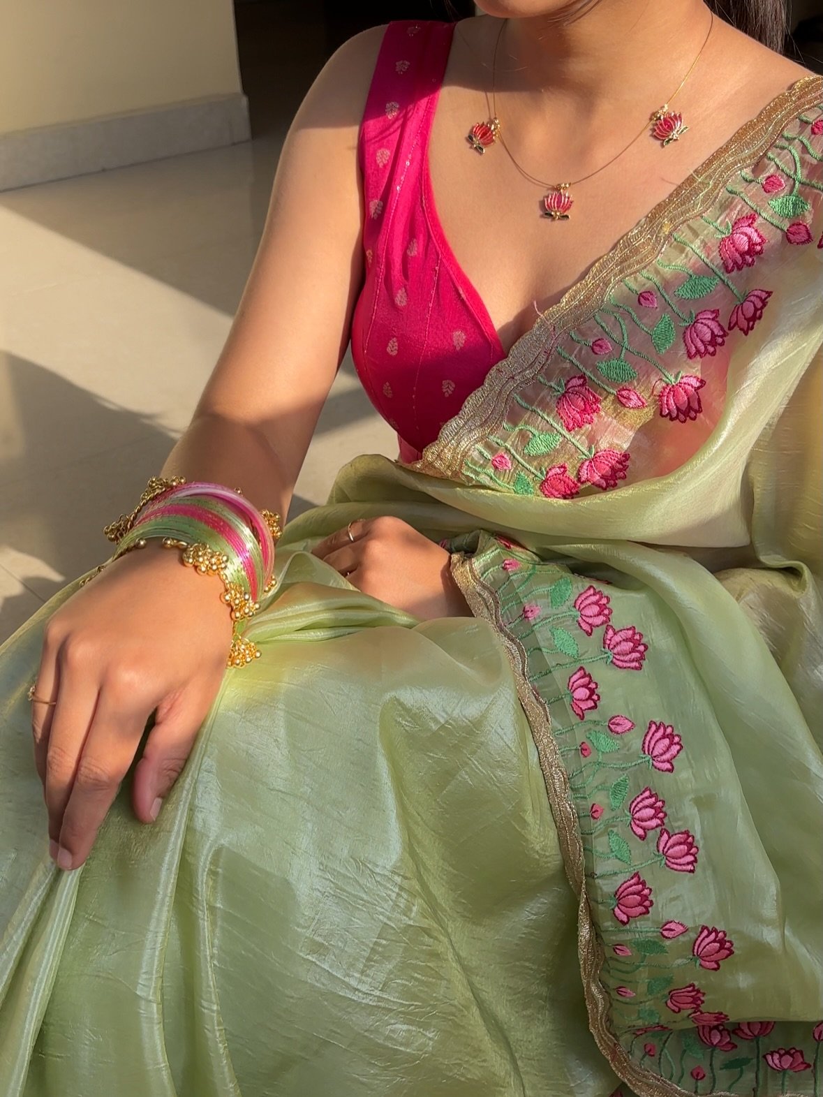 Mint Green Floral Border Saree