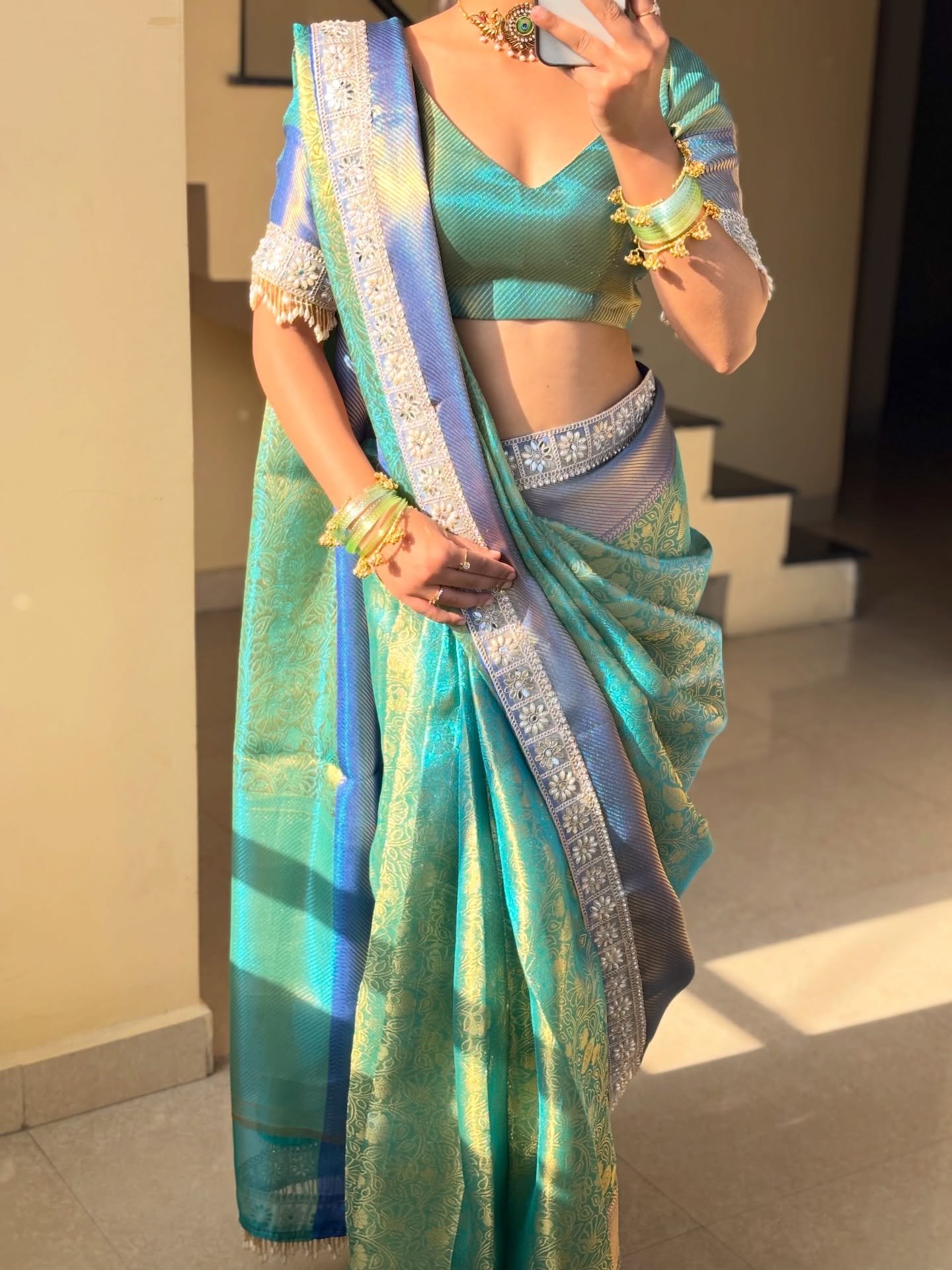 Teal Blue Banarasi Style Saree