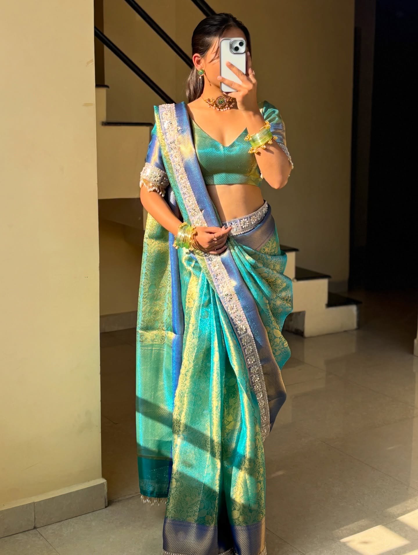 Teal Blue Banarasi Style Saree