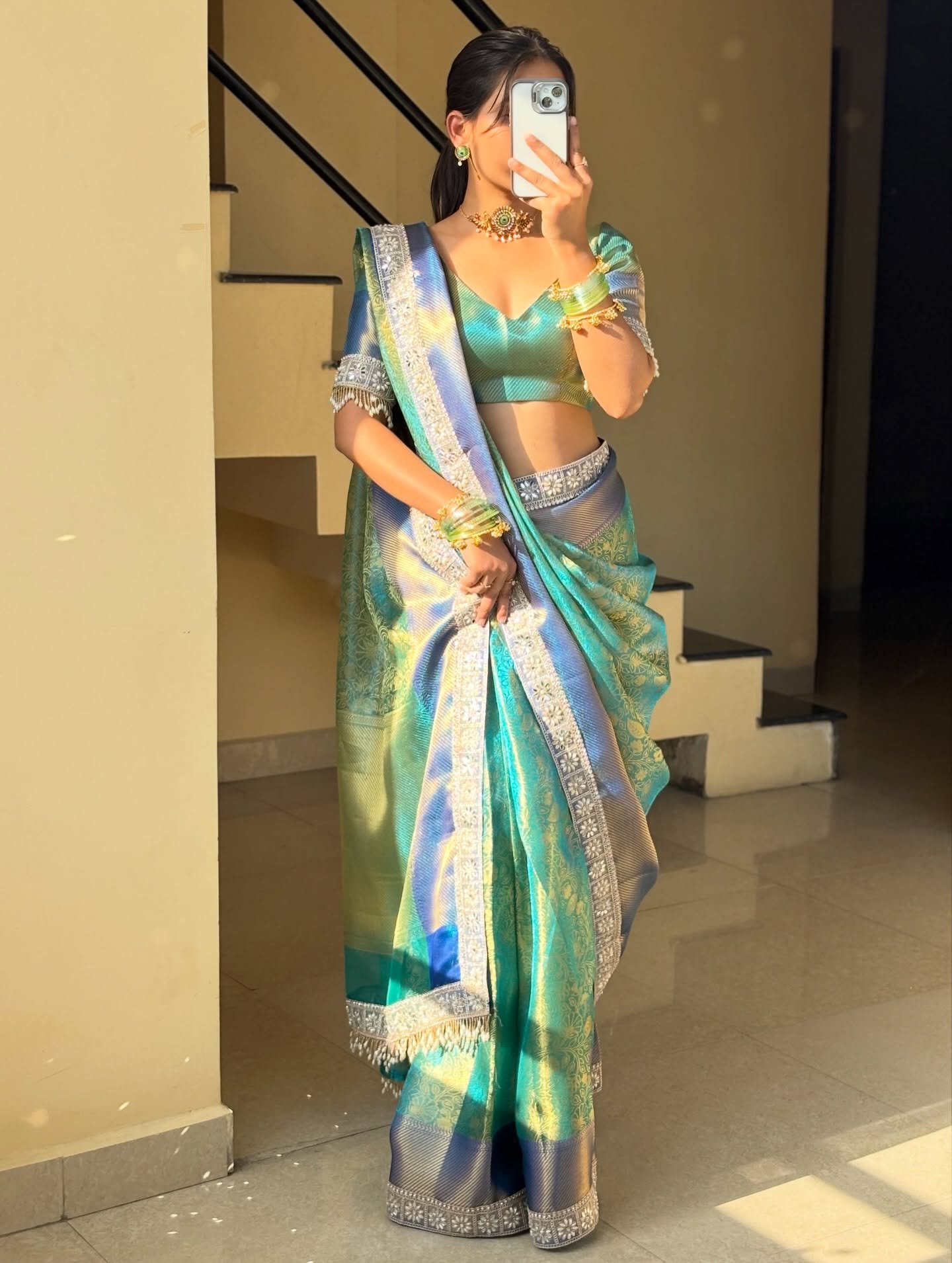 Teal Blue Banarasi Style Saree