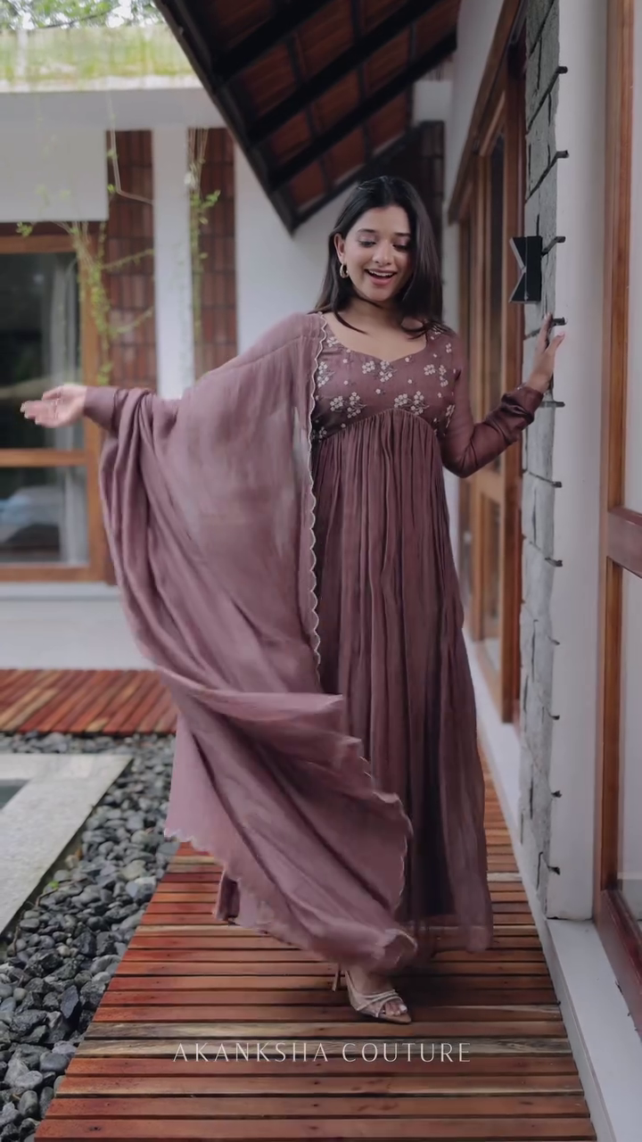 Elegant Brown Embroidered Anarkali Dress