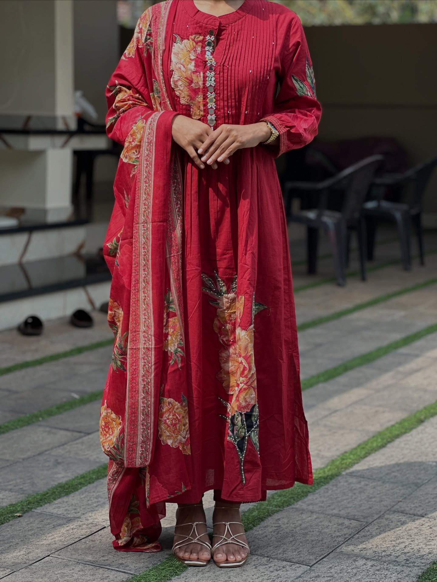 Floral Designer Red Anarkali Suit Set