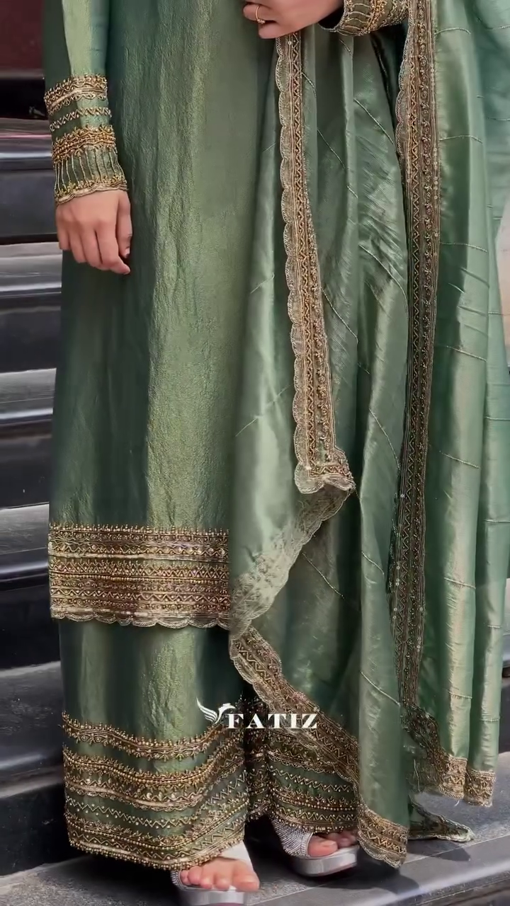 Olive Green Zari Border Ethnic Set