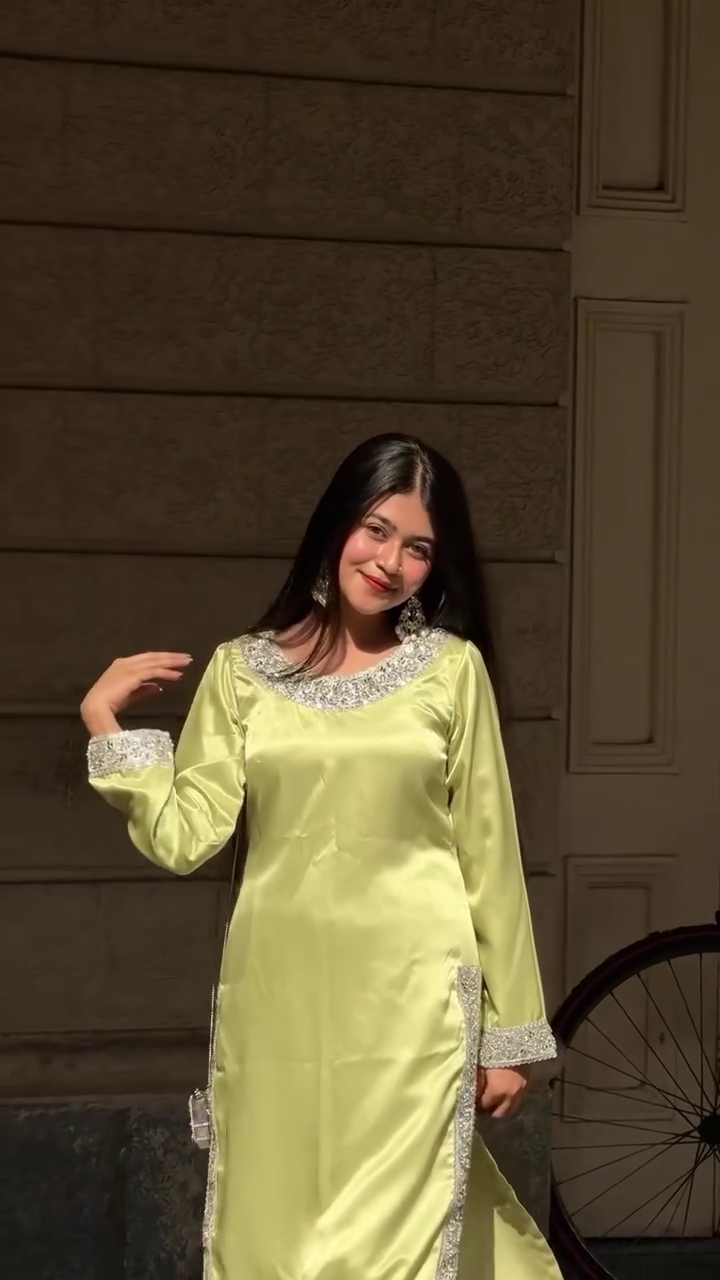 Lime Green Satin Straight Kurta