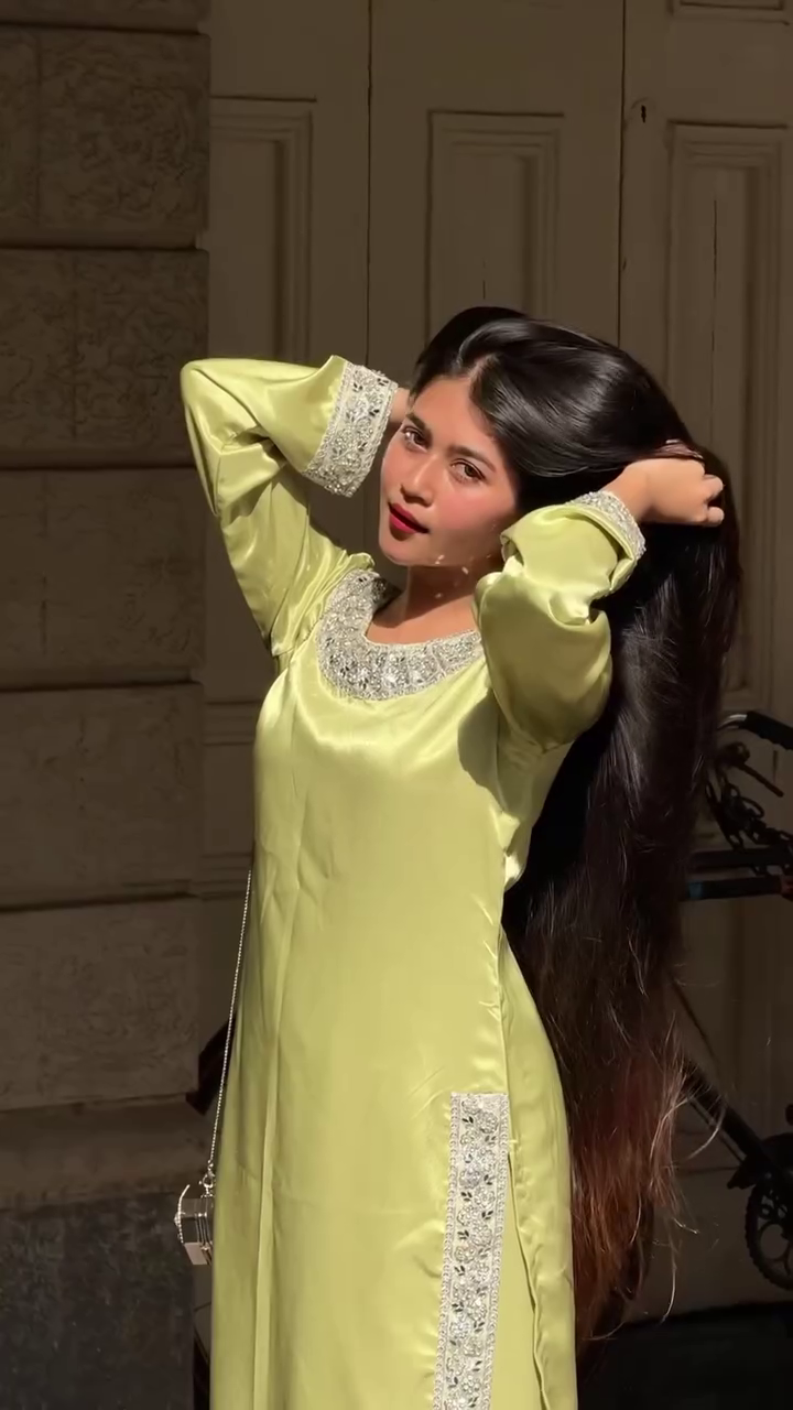 Lime Green Satin Straight Kurta