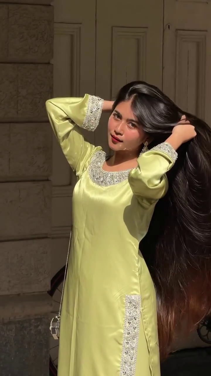 Lime Green Satin Straight Kurta