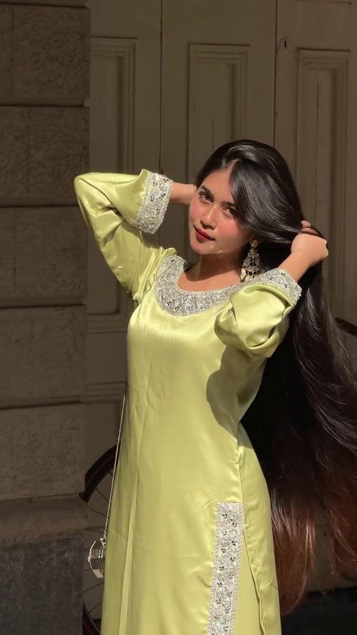Lime Green Satin Straight Kurta