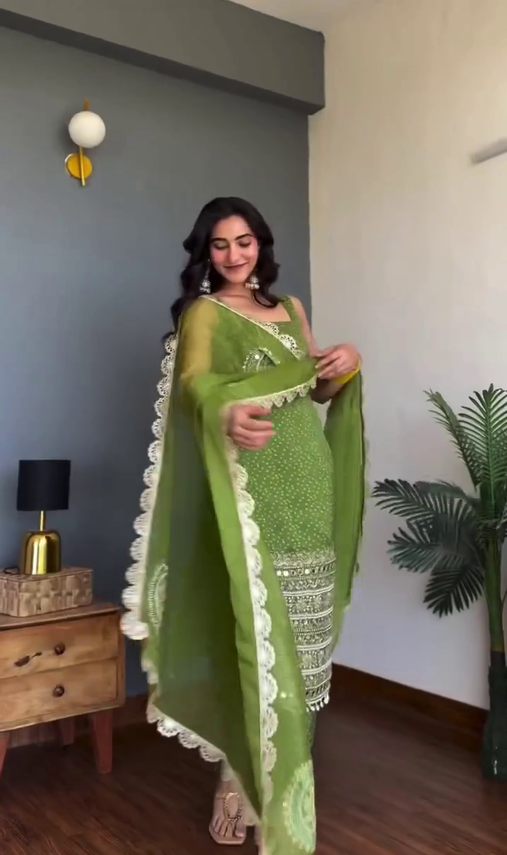 Green Printed Kurta Pant Dupatta Set